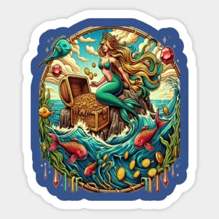 Mermaid sitting on a rock with a open treasured Sticker